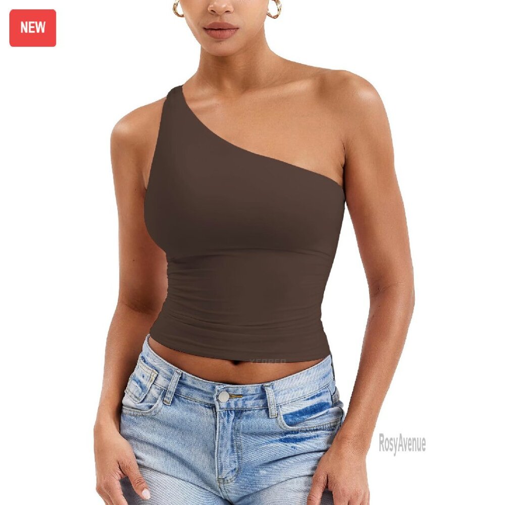 One Shoulder Sleeveless Crop Top Double Lined Adjustable Strap Y2k